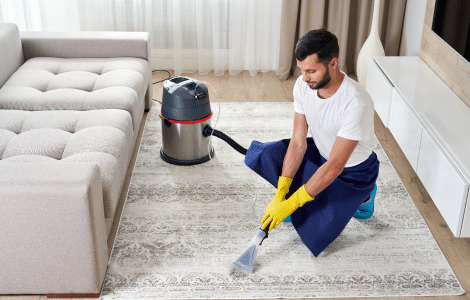 man cleaning carpet living room using vacuum cleaner home 1